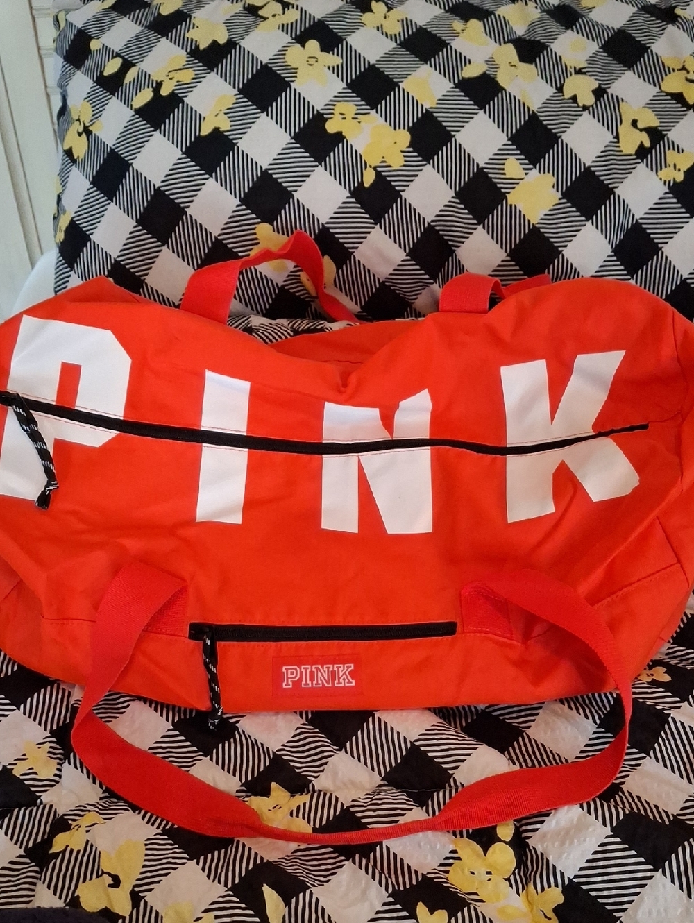 PINK Bright Red Tote Bag with Bold White Logo